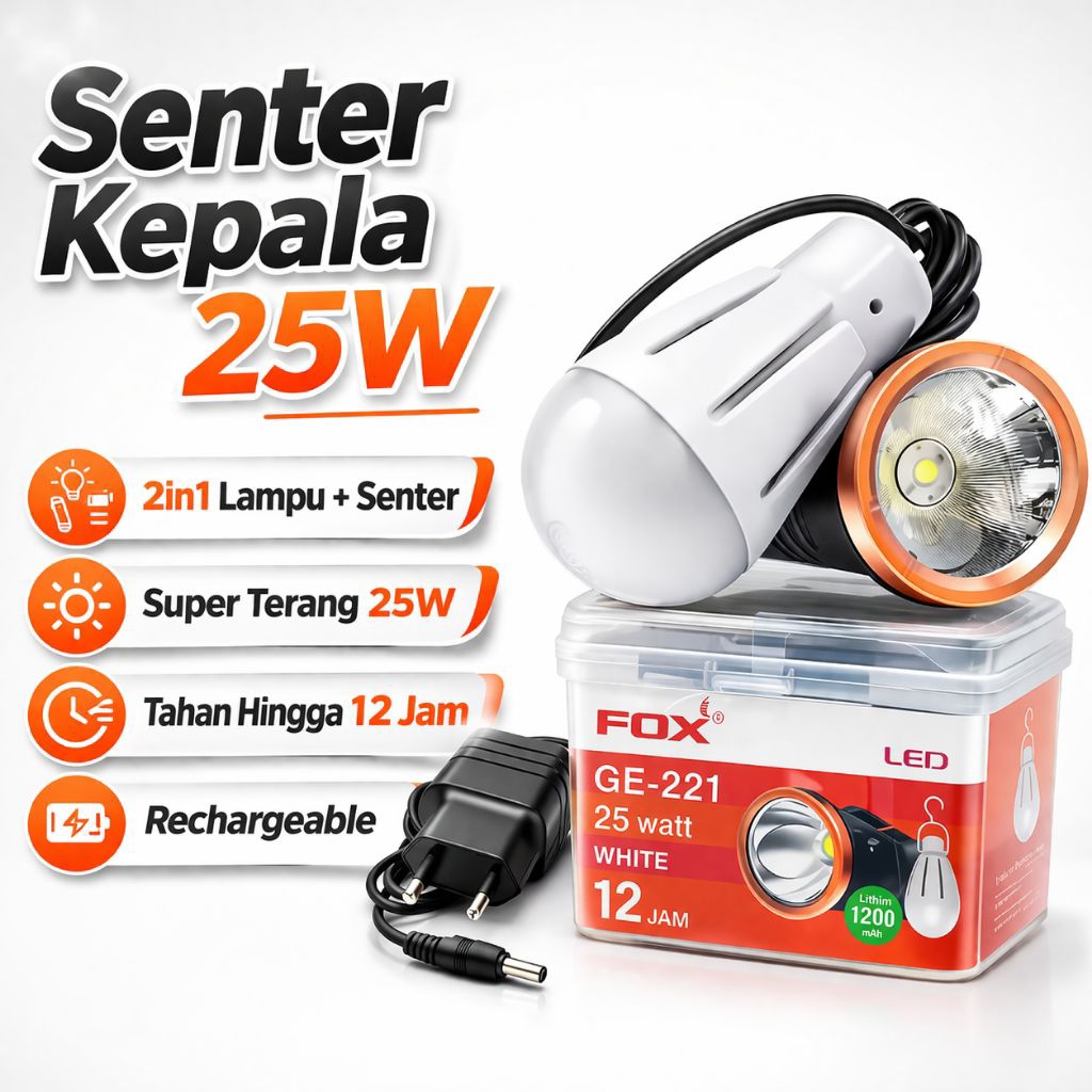 Senter Kepala Super Terang 25 Watt + Lampu Bohlam LED Emergency Cahaya Putih  Fox GE-221 25W Headlam