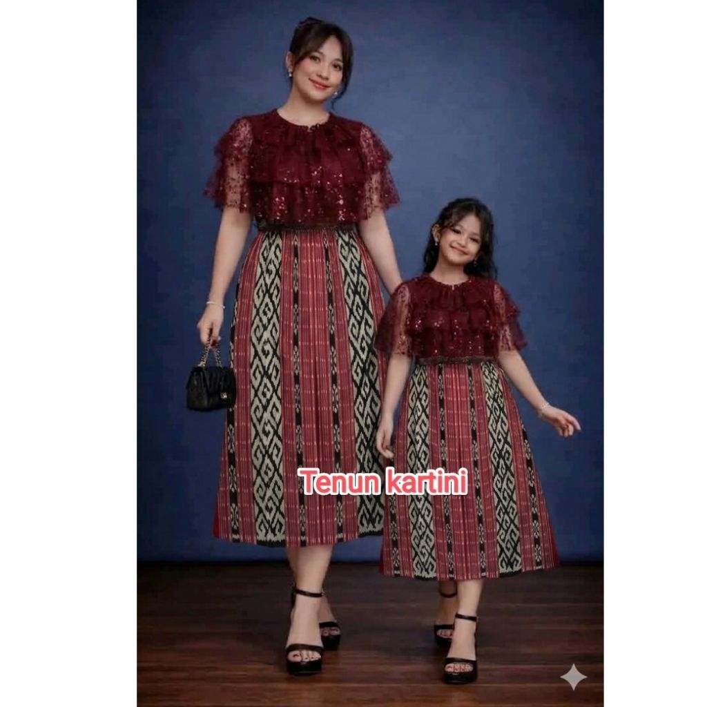 Dress Tenun kombinasi Brukat Marun - Baju Pesta - Baju Natal