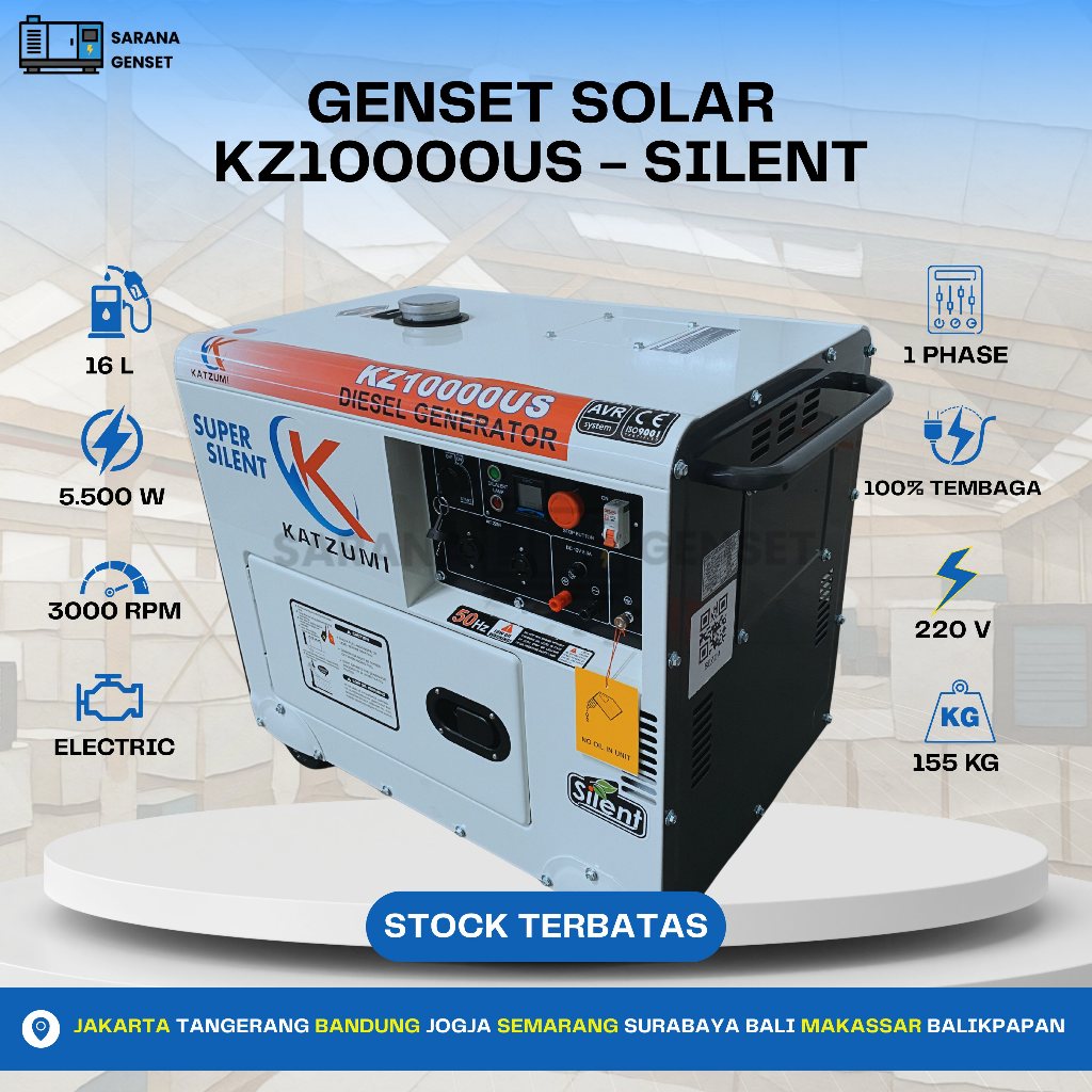 GENSET PORTABLE 7 KVA SOLAR 5500 WATT 1/3 PHASE 220/380V 50HZ KATZUMI(KZ10000US/KZ10000US3)