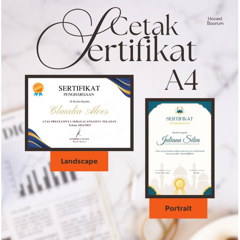 Jasa Cetak Sertifikat / Piagam Penghargaan A4 Premium Full Color