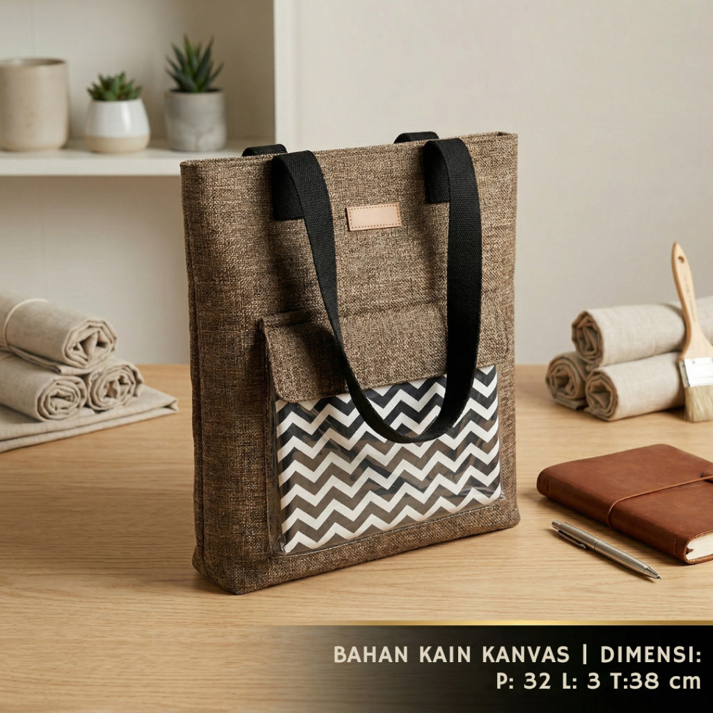 Tas Tote Bag Canvas Saku Mika Transparan Kekinian - Shoulder Wanita Motif Aesthetic Hangout & Kampus
