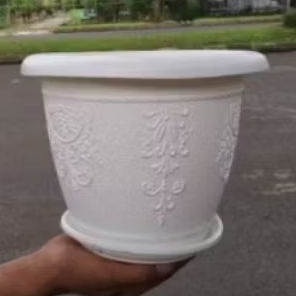 pot plastik diameter 25 cm flora putih + alas/tatakan pot