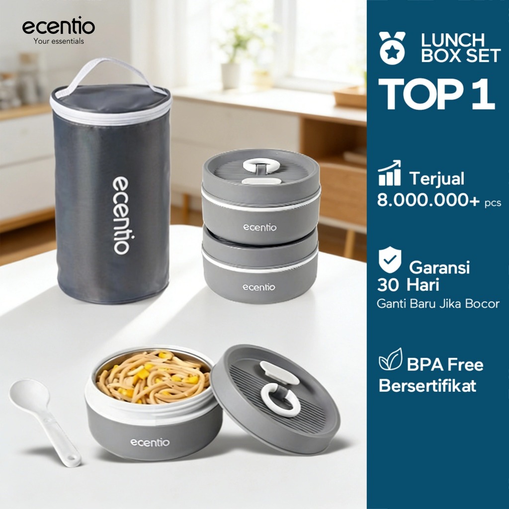ecentio lunch box stainless 304 kotak makan 3pcs set anti tumpah tempat makan kotak bekal bekal dan 