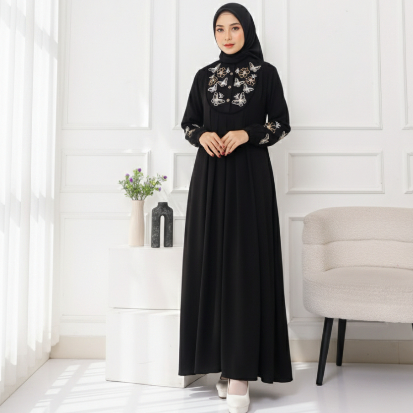 Zeeya Collection Valenka Gamis Bordir Dress HItam Rayon Twill Busui Friendly Size M L XL