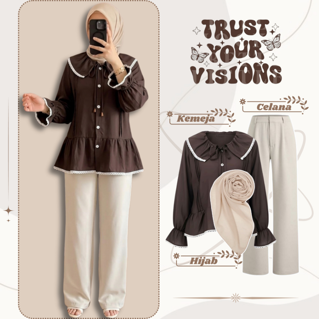 Outfit Hijab OOTD Kekinian Terbaru (KEMEJA-HIJAB-CELANA),One Set Remaja Dewasa Kekinian MSB54