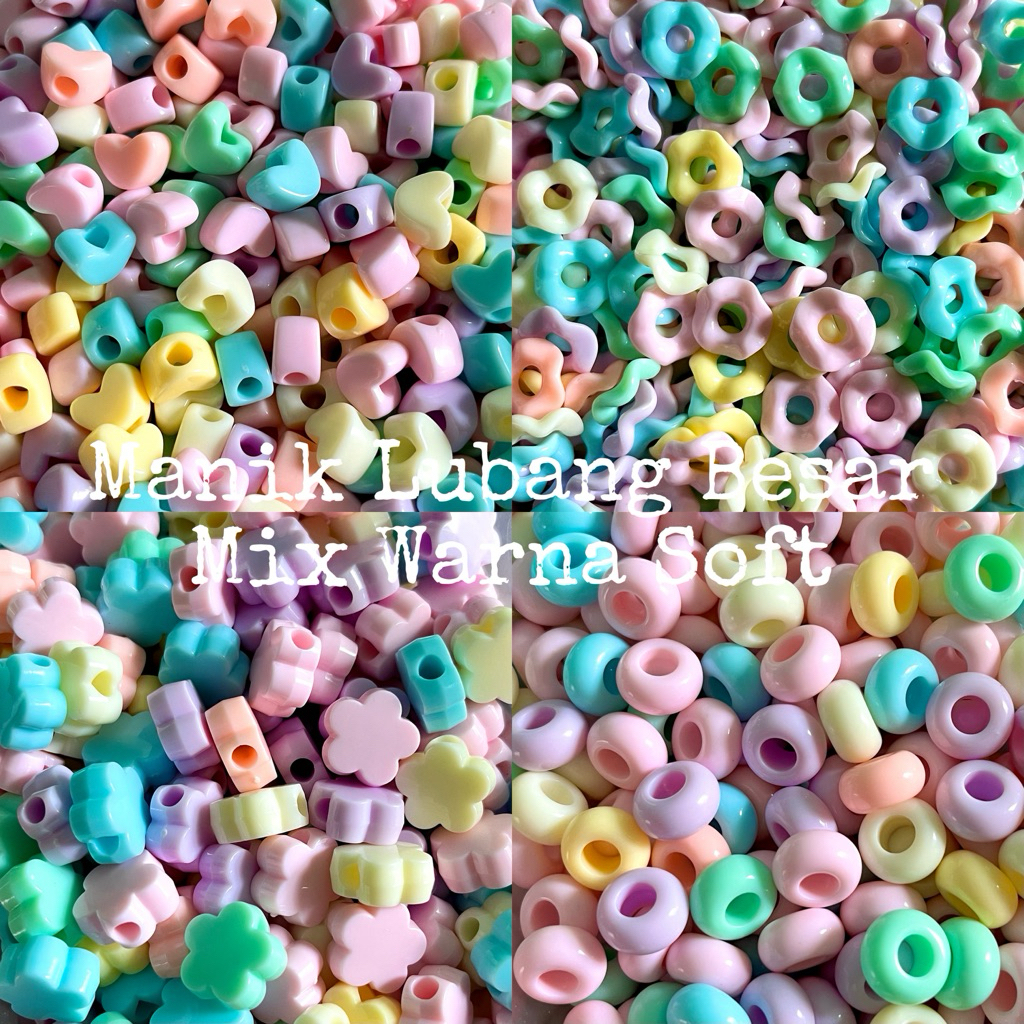 15gram/ Manik Mote Lubang Besar Mix Warna Soft, Manik Manik Lubang Besar
