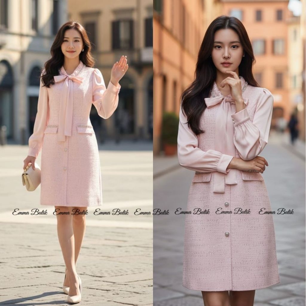 Emma.Butik E00793 Dress Tweed Wanita Midi Gaun Gereja Formal Lengan Panjang Manik Mewah Pink V-neck 