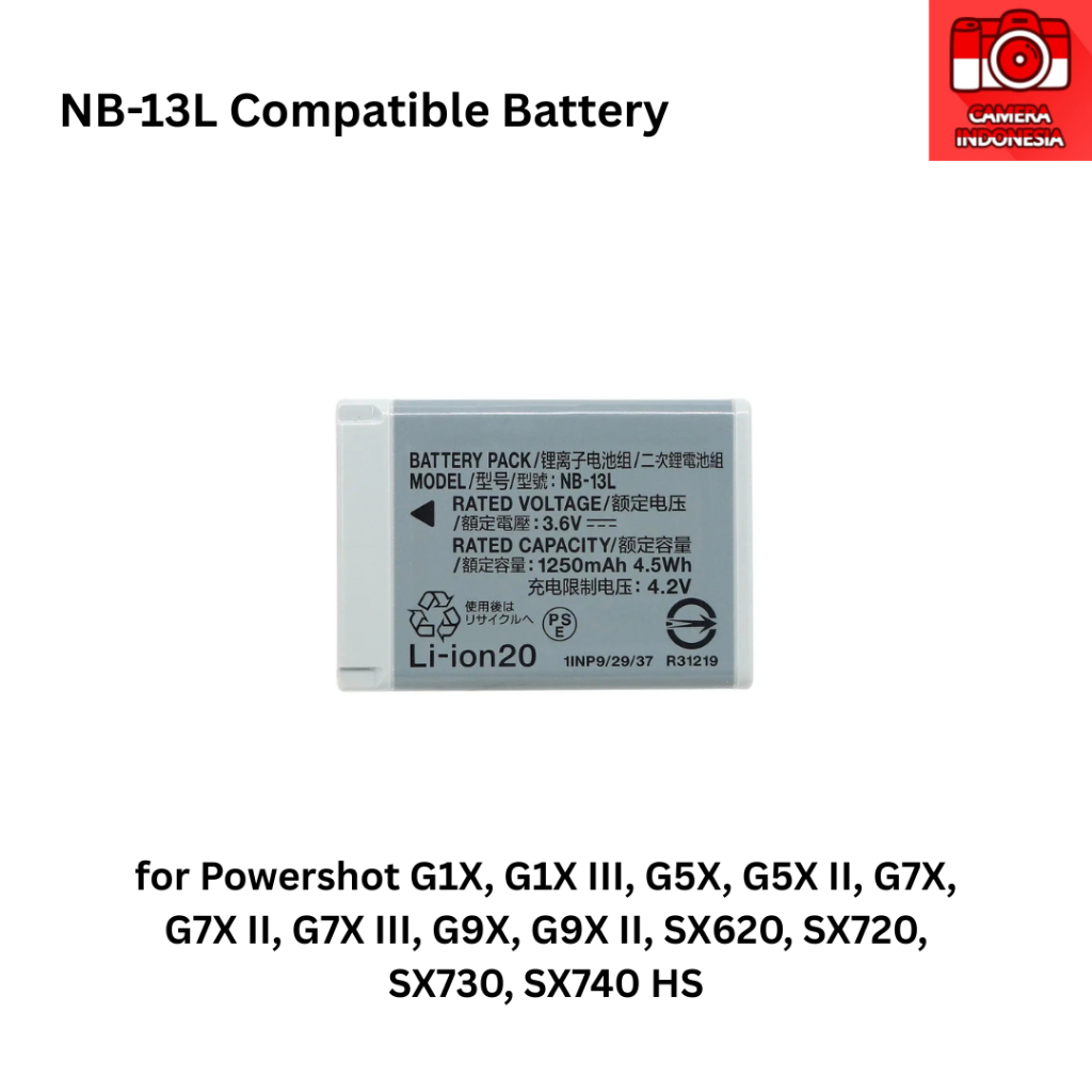 Baterai NB-13L Compatible Kamera Powershot G1X, G1X III, G5X, G5X II, G7X, G7X II, G7X III, G9X, G9X