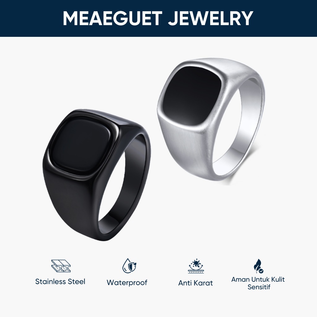 Meaeguet Cincin Batu Akik Pria Cincin Permata Wanita Baja Titanium Perak Hitam Anti Karat Aksesoris 