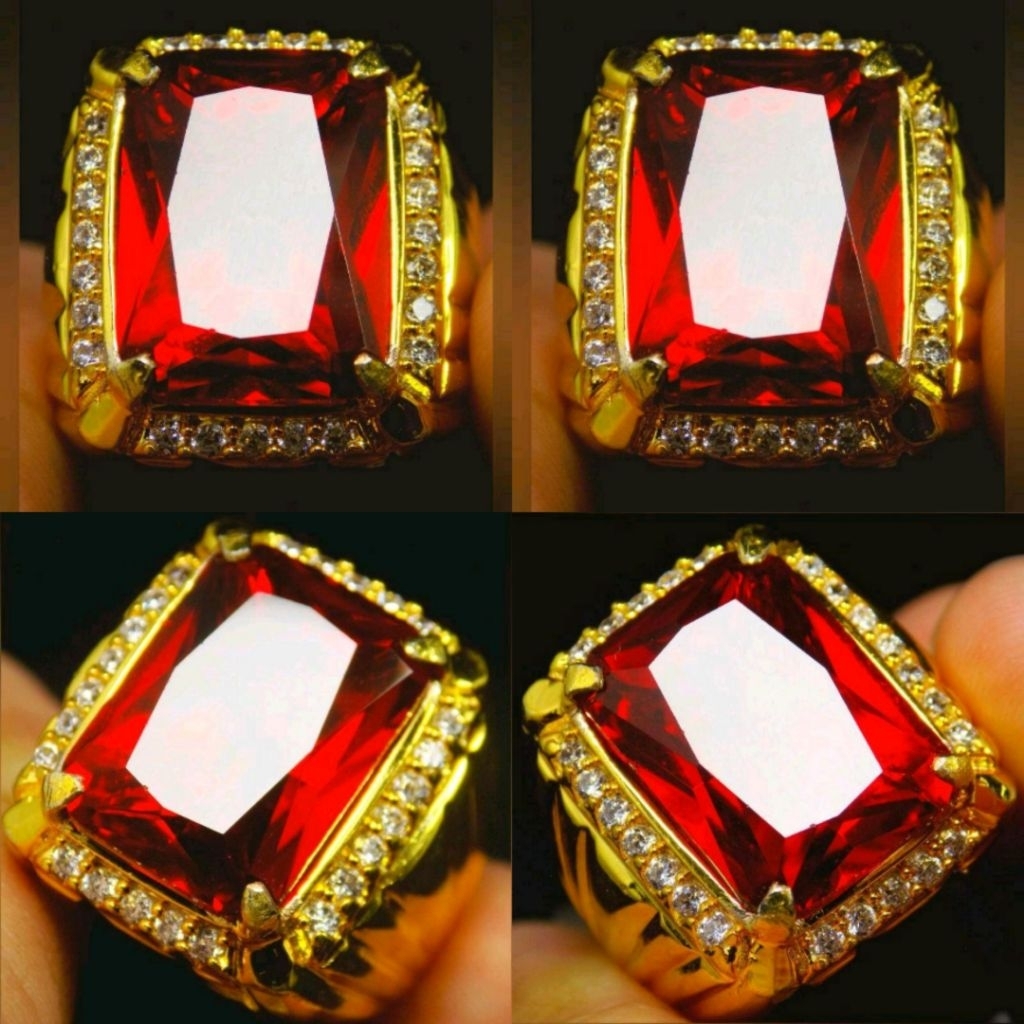 Batu permata red safir catam oktagon ring mewah