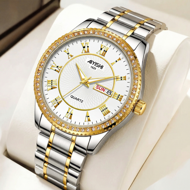AIYISHI Genuine Automatic Mechanical Calendar Luminous Waterproof Men's Watch, Steel Strap Gold Diam