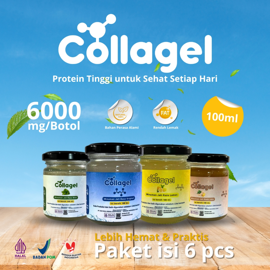 Collagel Paket Isi 6 | Jar Kaca Hydrolyzed Collagen 100ml | Minuman Collagen Halal
