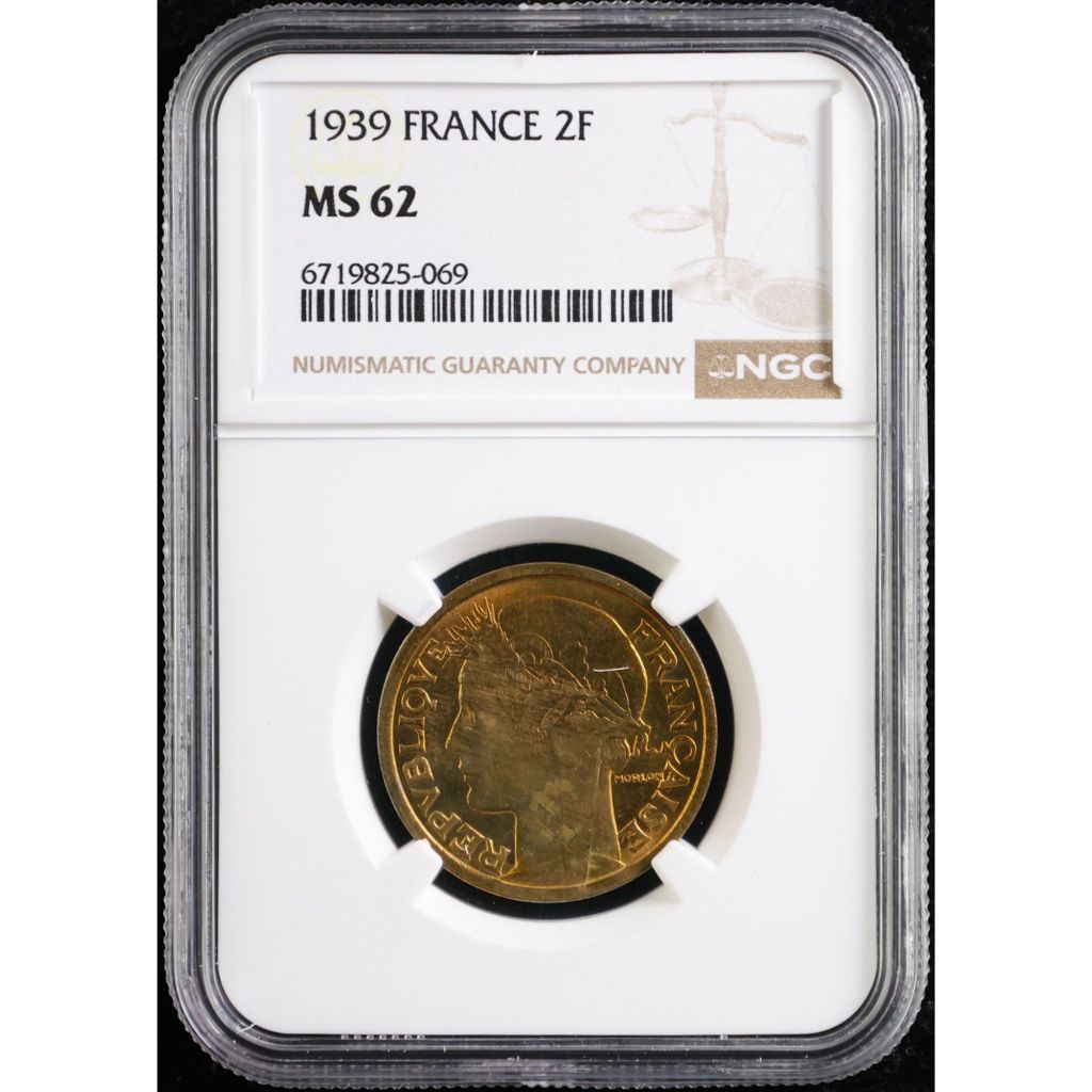 Koin Republik Prancis 2 Francs Tahun 1939 Graded NGC MS 62
