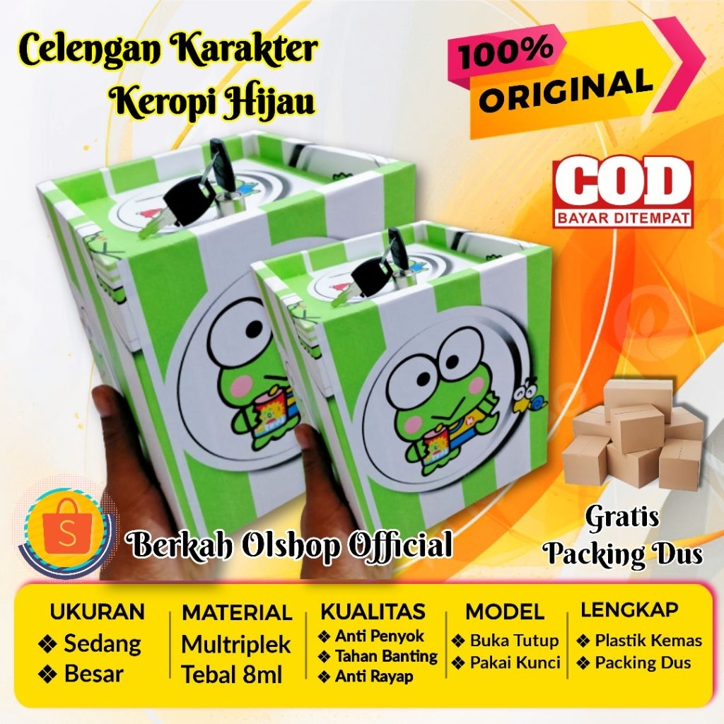 Celengan Karakter Keropi Hijau - Celengan Kunci Gembok - Celengan Besar Pakai Kunci - Kado Ulang Tah