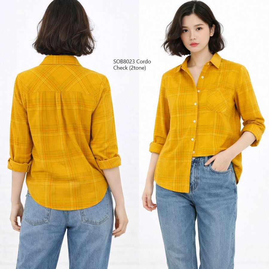 SOB 8023 ISUGA CORDO CHECK YELLOW Shirt Baju Atasan Kemeja Lengan Panjang