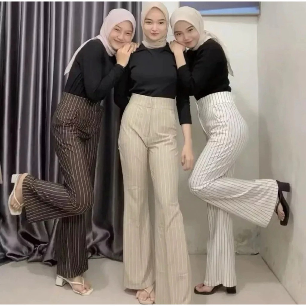 Flare Pants Stripe Bangkok Celana Semi Cutbray Salur Premium Cutbray Highwaist Pants