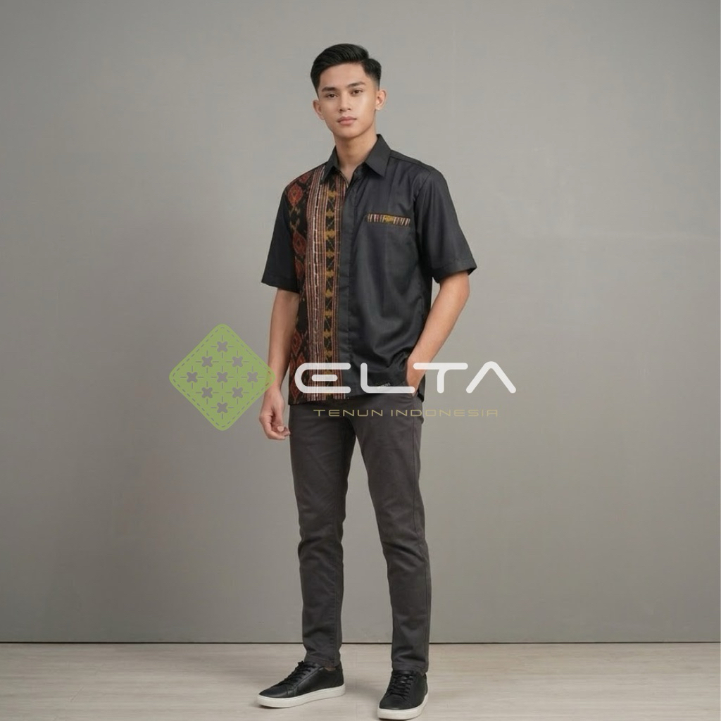 Elta tenun kemeja pria tenun ikat ntt casual formal mix toyobo hitam