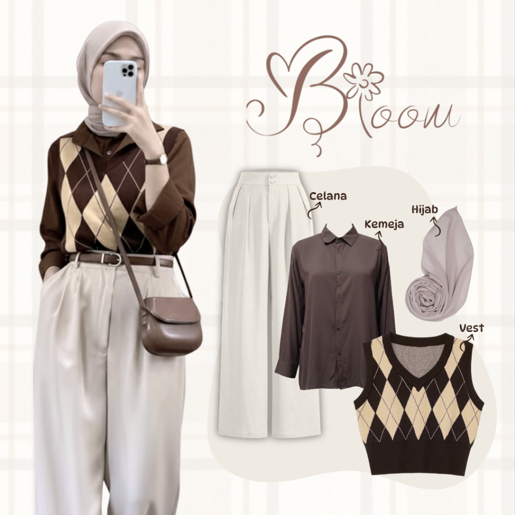 One Set Hijab Bloom 4in1 / Setelan Wanita Kekinian / Outrfit Casual Daily / Outfit Ngampus / Vest Ra