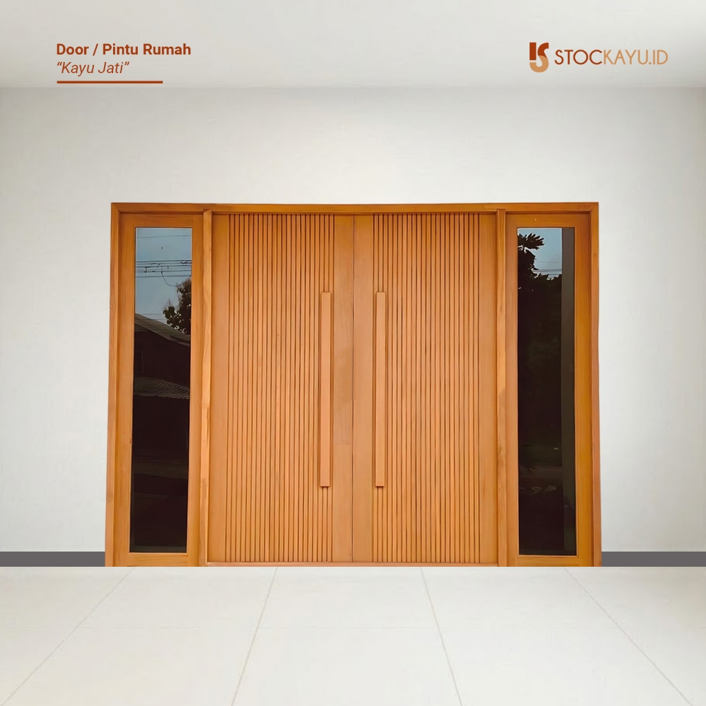Stockayu.id - Pintu Rumah Double Kayu Jati Minimalis Rumah Dua Pintu Dengan Kaca Samping Desain Mode