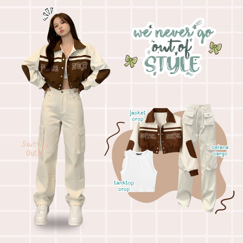 Set Outfit Wanita Korea Kekinian ( Jacket Crop - Celana Cargo - Tanktop Crop ) Setelan Cewek Stylish