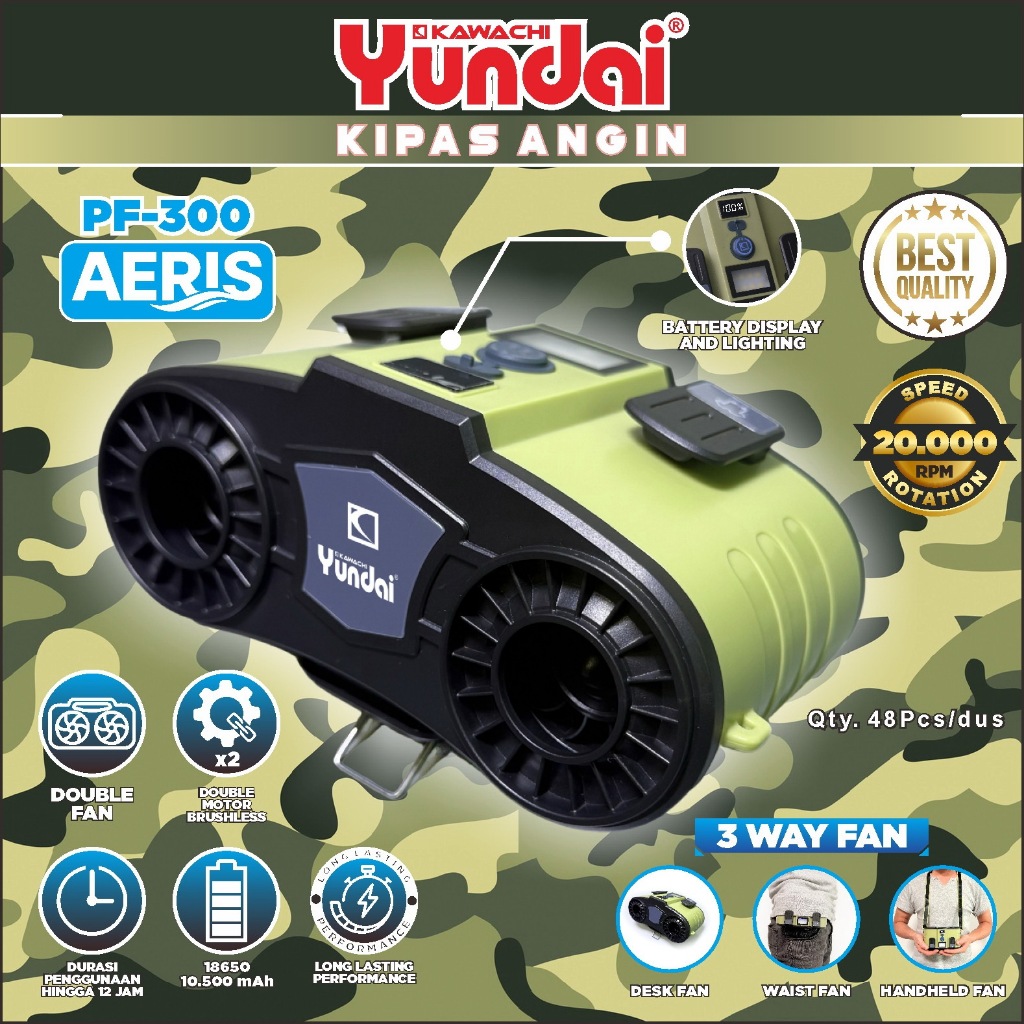 Kipas Angin Portable Turbo Kipas Angin Meja/ Leher/ Pinggang Baterai 10.500 Super Awet Yundai PF-300