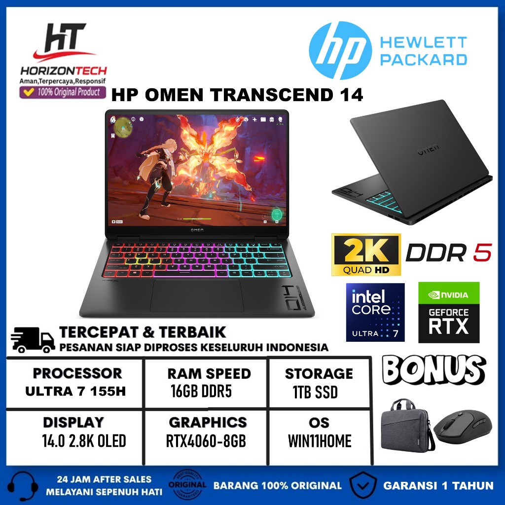 Hp Omen TRANSCEND 14 INTEL ULTRA 7 155H 16GB DDR5 2TB SSD RTX4060-8GB OLED 120Hz Win 11