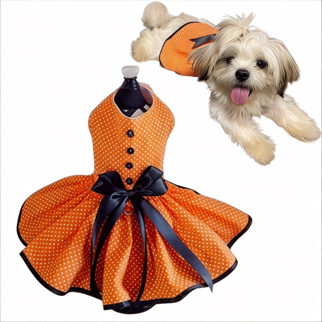 Baju Dress Kucing dan Anjing Motif Polkadot Pasir Orange dengan Rok Pita Hitam - Pakaian Hewan Pelih