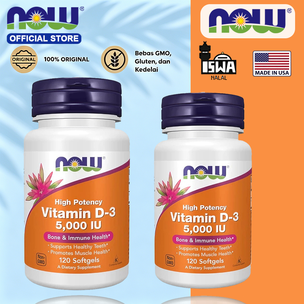 Suplemen Vitamin D3 5000 IU Now Foods 120 Softgels - Kesehatan Tulang Gigi Jantung Promil Imun Daya 