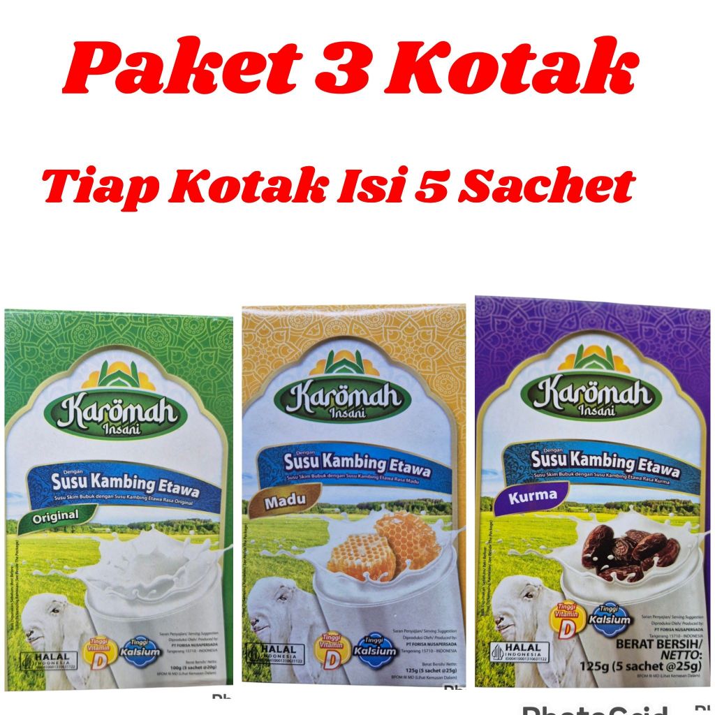 PAKET 3 KOTAK Susu Kambing Etawa Karomah Insani Original / Madu / Kurma Isi 5 Sachet