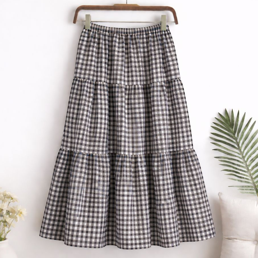 Rok Wanita Gingham Kotak-Kotak Tiered Skirt - Rok Panjang Casual A-Line Pinggang Karet