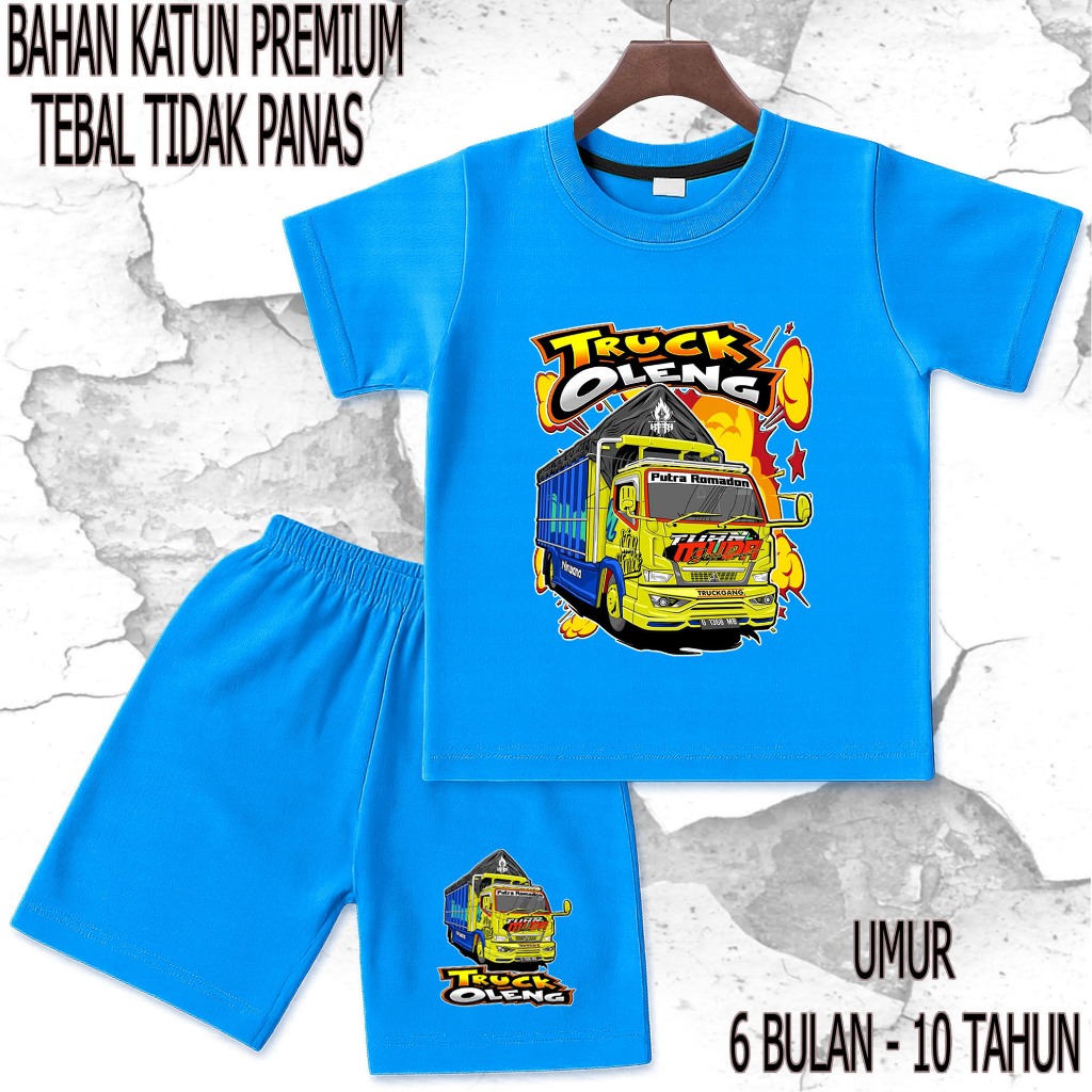 setelan baju anak - anak mobil truck oleng 1 umur/tahun 6 bulan - 10 tahun bahan katun premium sablo