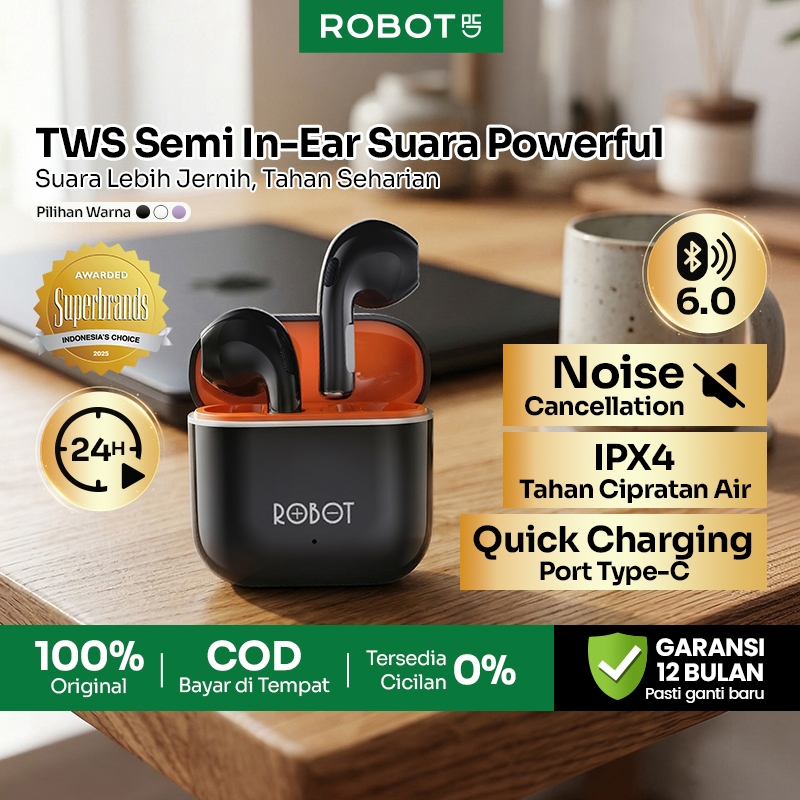 ROBOT TWS Wireless Earphone Airbuds Earbuds Chip 5.3 Semi In-Ear Bass Extra Deep Tahan Air Smart Tou