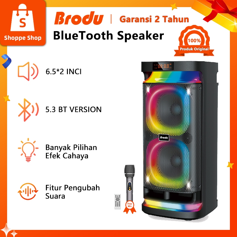 Speaker Bluetooth Karaoke 2x6.5 Inch Free Mic RGB Lampu Portable Bluetoothspeaker Brodu BTS-1989