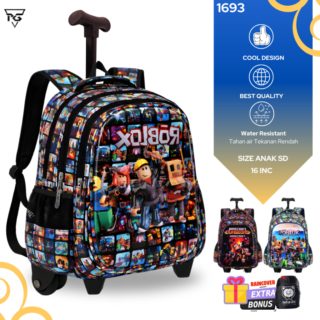Tas Trolley Anak SD 16 Inch Motif Roblox 3D - Tas Sekolah Roda Kuat Waterproof Tebal & awet 1693