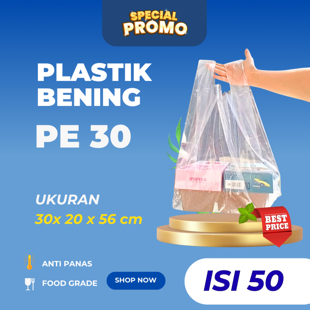 [ ISI 50pcs] kantong plastik kresek PE Bening/ kantong box makanan ukuran 30
