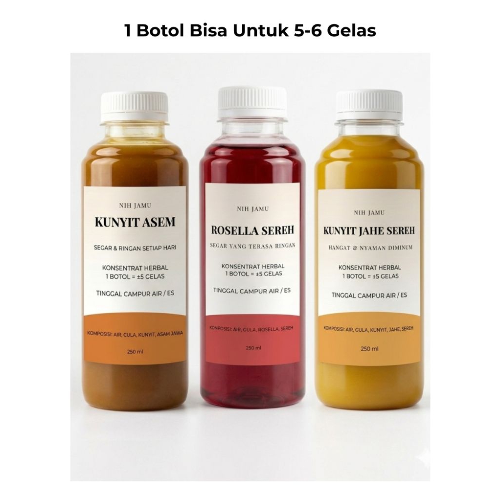 3 Botol Nih Jamu Concentrate 250ml | Kunyit Asem, Rosella Sereh, Kunyit Jahe Sereh