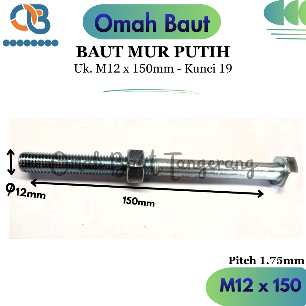 BMP M12x150 Baut Mur Putih M12 x 150 Galvanis