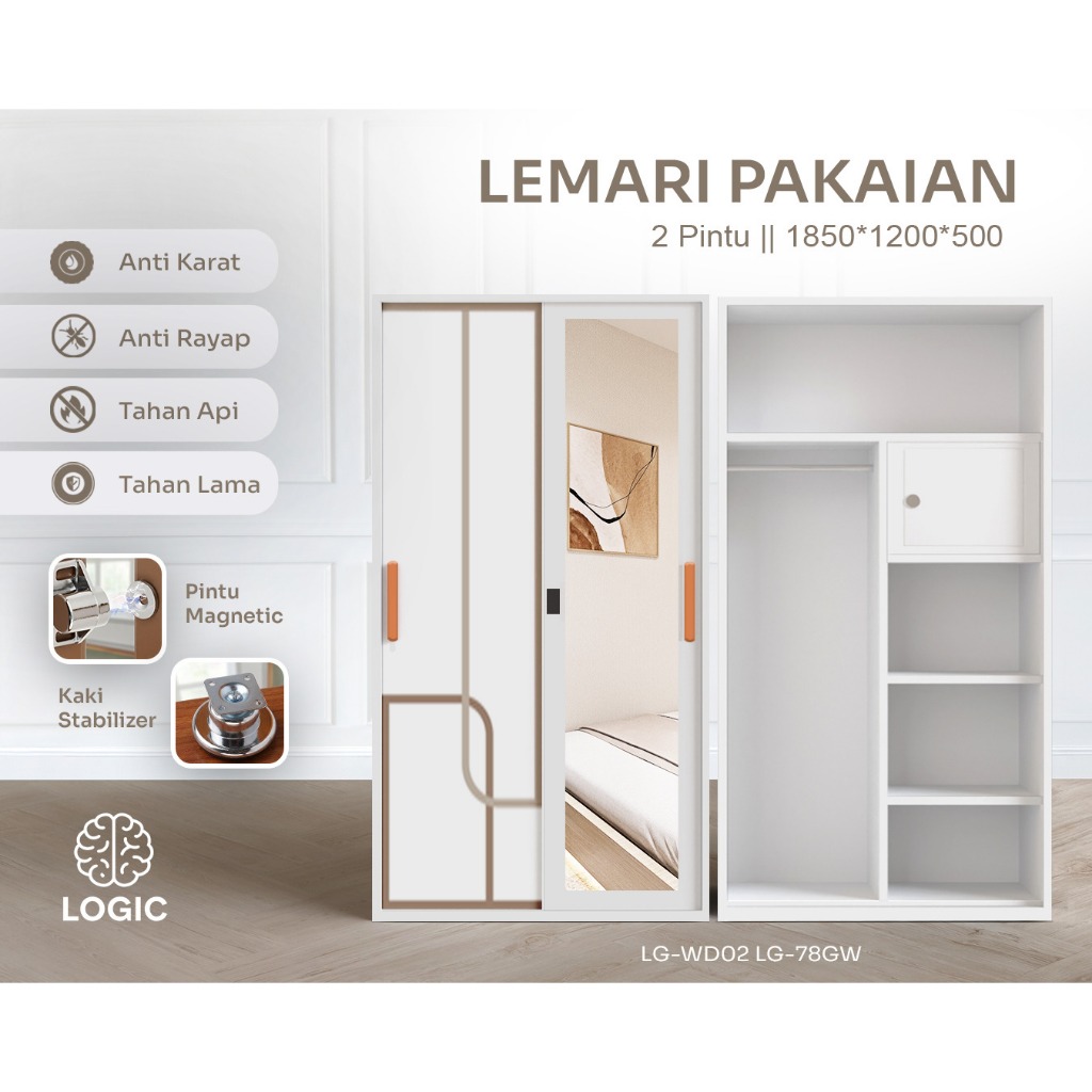 Vanosin Lemari Baju Besi Sliding 2 Pintu/Lemari Pakaian Besi 2 Pintu Sliding/Lemari Baju Sliding
