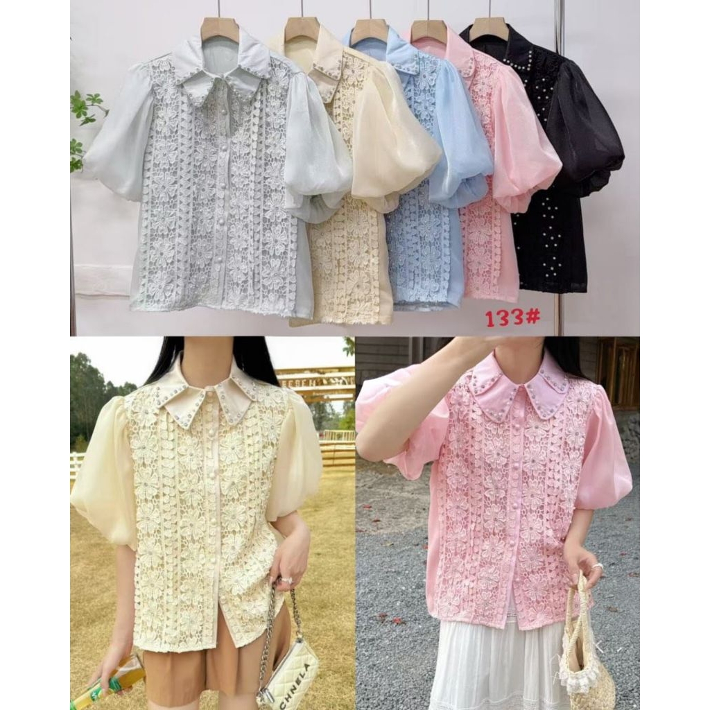 Atasan kemeja organza tangan balon pendek wanita blink mutiara VS bangkok bkk top