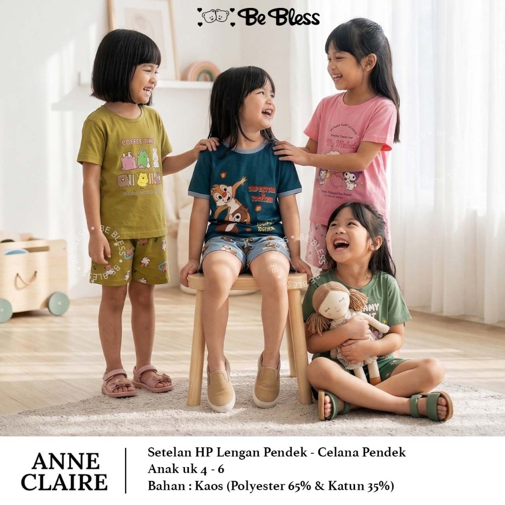 Setelan HP Size 4 / 6 Lengan Pendek - Celana Pendek Anak Cewek Anne Claire Baju Tidur Karakter ABG  