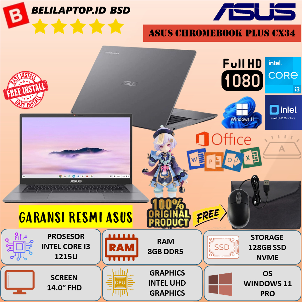 Laptop ASUS Chromebook Plus CX34 Intel Core i3 1215U 8GB DDR5 128GB SSD Windows 11 Pro
