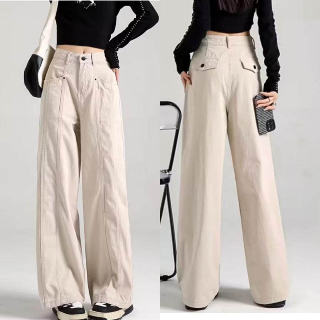 Aprikot Jeans Denim Gombrong Celana Highwaist Kulot Panjang Wanita Saku Depan
