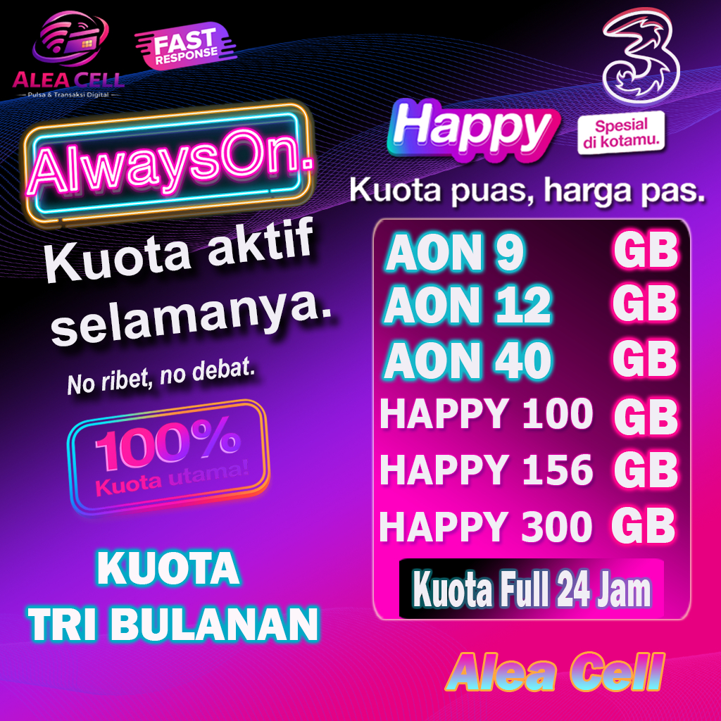Isi Ulang Kuota Tri AON 40Gb Bonus lokal 12Gb, Kuota Besar Murah Full 24 Jam Nasional Proses Cepat