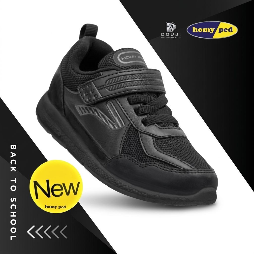 sepatu homyped anak sekolah original warna FULL HITAM HITAM model perekat variasi tali