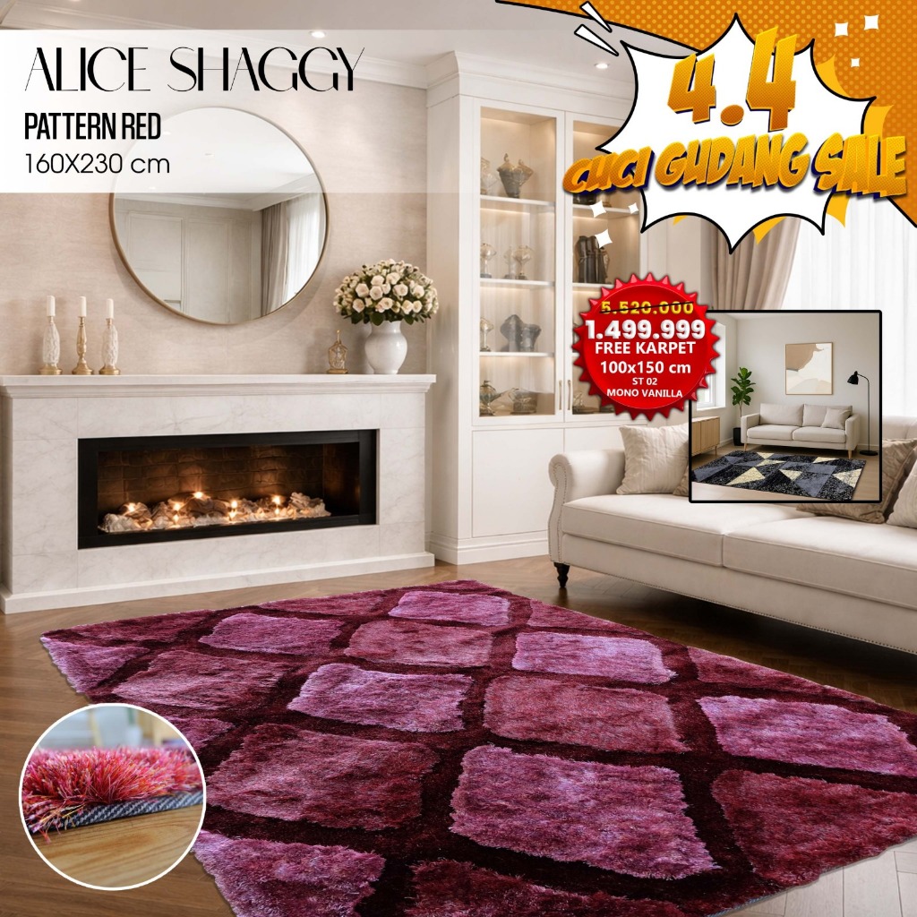 KARPET ALICE SHAGGY UK 160X230 RED , KARPET CANTIK, SHAGGY BULU TEBAL, SHAGGY RUGS POLYESTER {FREE K