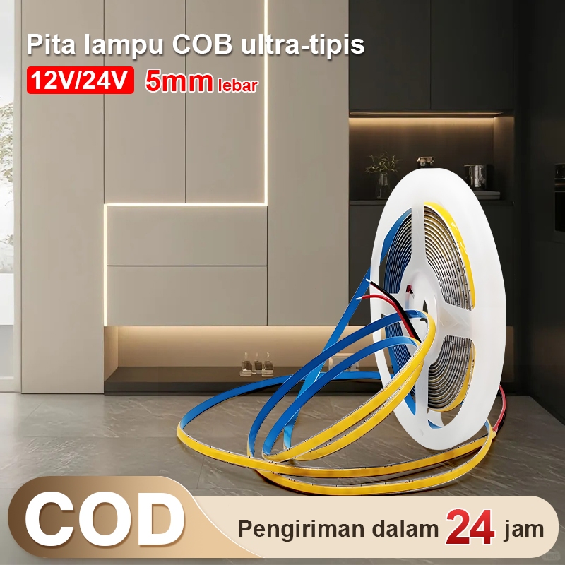 Lampu Led Strip COB 5mm 12V/24V 5Meter Strip Led Light Jarak Potong 5cm 3000k/4000k/6000k