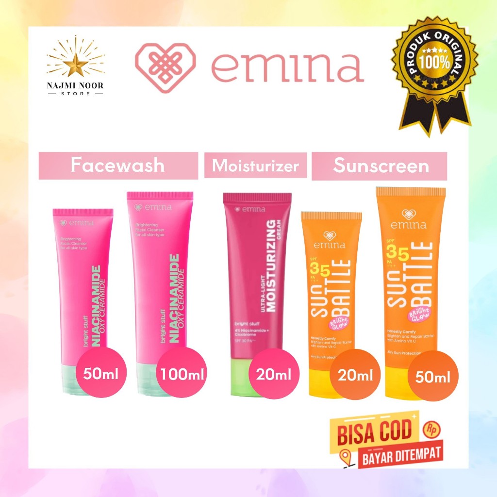 Emina Bright Stuff Paket Skincare Face Wash Moisturizer Cream Sunscreen