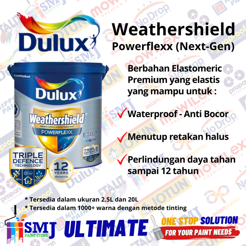 CAT DINDING PREMIUM EXTERIOR DULUX WEATHERSHIELD POWERFLEX NEXT GENERATION KEMASAN 20 L