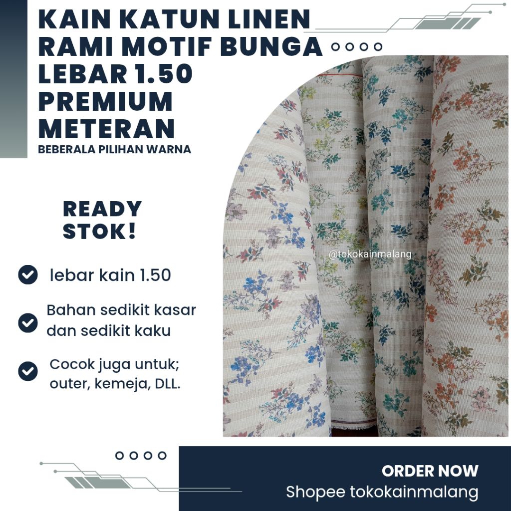 (HARGA PER SETENGAH METER) KAIN KATUN LINEN RAMI MOTIF BUNGA/ BAHAN KATUN LINEN RAMI TEBAL SEDIKIT K