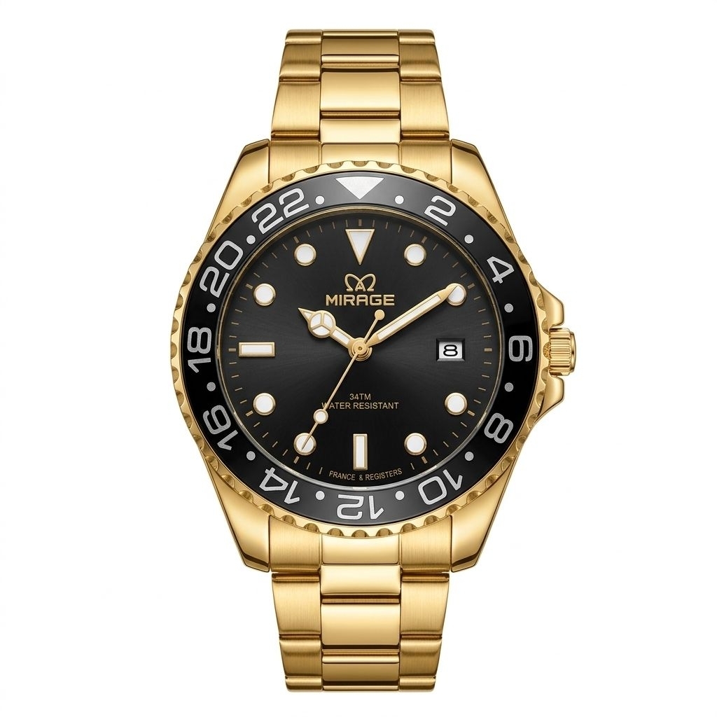 Jam Tangan Mirage 8687BRP-M Rantai Gold Dasar Hitam Cowok